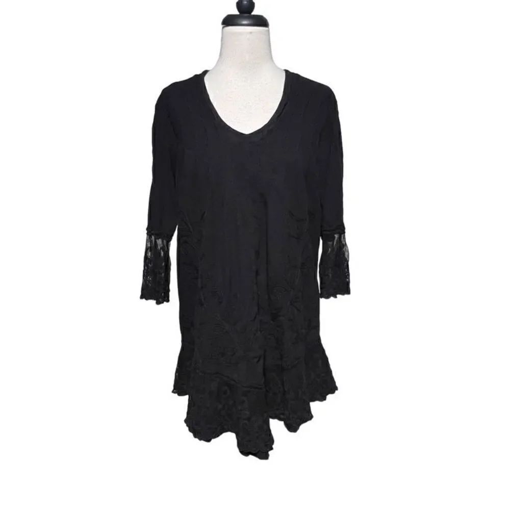 Gretty Zueger Black Boho Shabby Chic Embroidered Tunic Size Small
